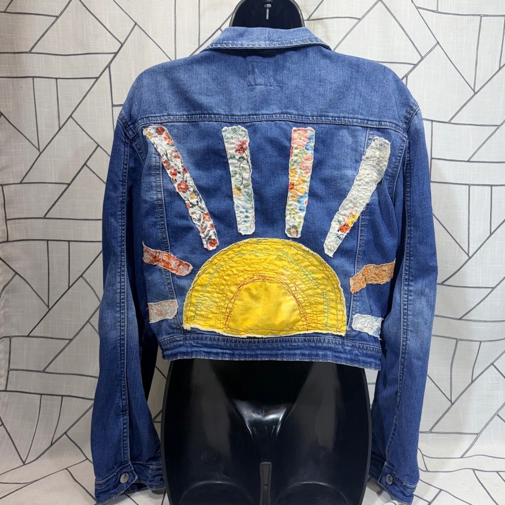 Art Denim Jacket Machine Quilted Floral Sun Patchwork Boho Cropped OOAK Size Med